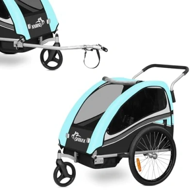 Image of SAMAX Children Bike Trailer 2in1 Kids Jogger Stroller with Suspension 360 rotatable Childs Bicycle Transport Buggy Carrier for 2 in Turquoise Black Edition