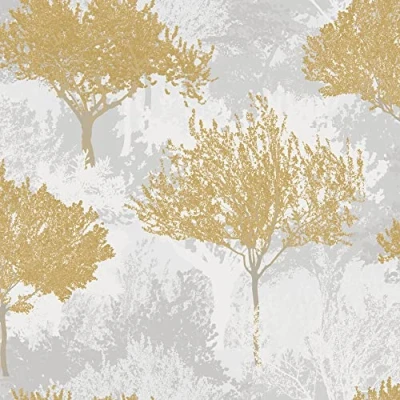 Image of Superfresco Easy Birch Forest Mustard Wallpaper Yellow/Grey Paste The Wall Contemporary Sparkle Tree Design Feature or 4 Suitable for Any Room