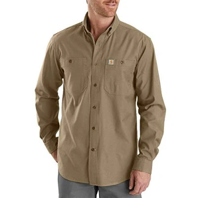 Image of Carhartt Men&#039;s Big &amp; Tall Rugged Flex Rigby Long Sleeve Work Shirt Utility Button, Dark Khaki, Large