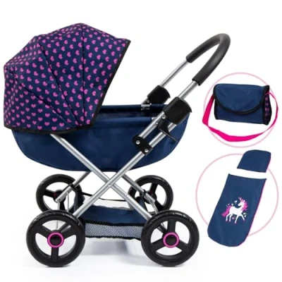 Image of Bayer Design 12754AA Dolls Pram Cosy stroller, foldable, bag, blanket, pillow, underneath shopping basket