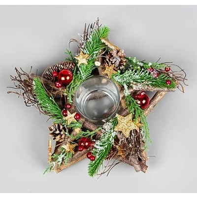 Image of 22cm Star Tealight Votive Candle Holder Wooden Twigs Base Decorated with Red Baubles,Berries,Bronze Stars,Foliage,Pine Cones Christmas Home Table Decoration