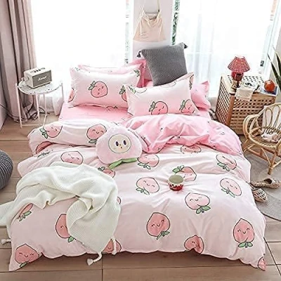 Image of Cartoon Duvet Cover Set King Pink Peach Bedding Kid Kawaii Girl Lovely Comforter Cute Fruits Quilt Tropical Plant Reversible Soft Bedspread Room Decor