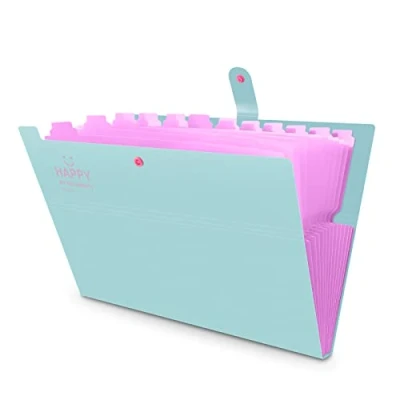 Image of 12 Pockets Expanding File Folder, HAISSKY Letter A4 Paper Accordion Document Organizer[Green &amp; Pink]
