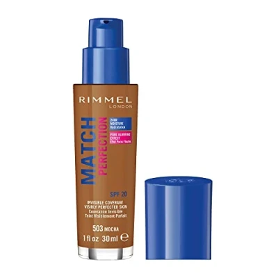 Image of Rimmel Match Perfection Foundation 503 Mocha, Medium Coverage, 24hr Hydration, No Caking or Creasing, Lightweight, Reduces Imperfections, Invisible SPF20, Cruelty Free