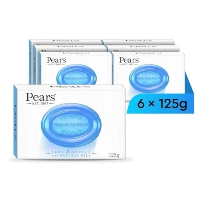 Image of Pears Pure &amp; Gentle Transparent Natural Soap Bar Made with Mint Extracts, Nourishing and Refreshing Bathing Cleanser, Soothing Skin Care, Transparency, Pack of 6 x 125g