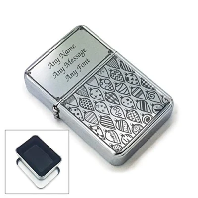 Image of Personalised Engraved Lighter with Christmas Baubles Design, Metal Tin Gift Box, Personalise Any Message