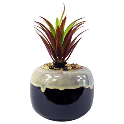 Image of Leaf Ceramic Drip Glazed Planter with Artificial Plant, Red Dracaena, 20cm