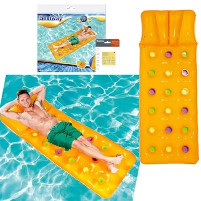 Image of Sun Lounger Float Pool Inflatables Yellow Air Bed Inflatable Mattress with Built in Pillow &amp; Heavy Duty Patch Repair Kit. Water Hammock Topline Card for Swimming Pool, Beach Games