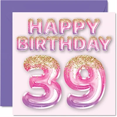 Image of 39th Birthday Card for Women Pink &amp; Purple Glitter Balloons Happy Cards 39 Year Old Woman Friend Sister Mum Auntie, 145mm x Thirty Nine Ninth Bday Greeting Gift