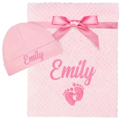 Image of TeddyT&#039;s Personalised Embroidered Footprint Fluffy Waffle Blanket &amp; Baby Hat in Pink Blue (UK, Age, 3 Months, 6 Pink)