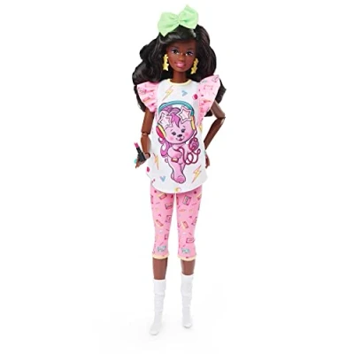 Image of Barbie Doll, Curly Black Hair, 80s Inspired Slumber Party, Rewind Series, Nostalgic Collectibles and Gifts, Clothes Accessories, HJX19