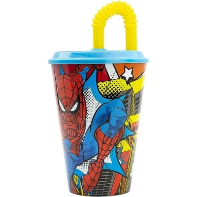 Image of CARTOON Spiderman Drinking Cup with Straw for Kids Reusable Semi Rigid Plastic BPA Free Capacity 430ml