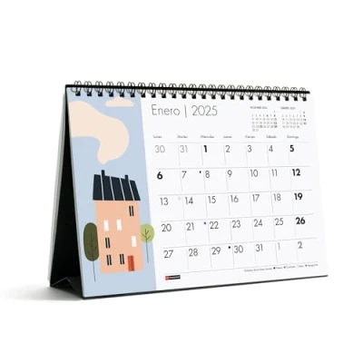 Image of Miquelrius Desktop Calendar 2025, A5 Calendar: 210 x 148.5 mm, with note space, 2025 calendar, double spiral binding, annual desk Spanish, design houses