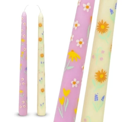 Image of Talking Tables 2 x Floral Tapered Pink &amp; Yellow Dinner Candles, Mothers Day Gift Ditsy Flowers Unscented, 8 Hours Burn Time Eco Friendly Packaging, Pastel, Easter Table Décor Candlesticks