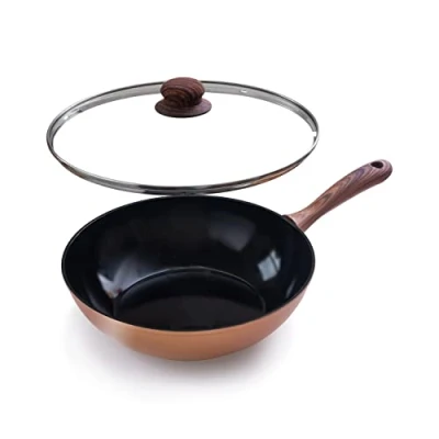 Image of nuovva Non Stick Induction Wok Pan Deep Stir Fry with Glass Lid 28 cm Frying