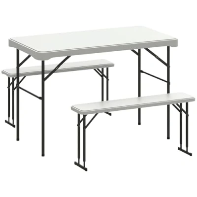 Image of Outsunny 3 Piece 4ft Folding Picnic Table and Bench Set, Portable HDPE Camping Chairs with Carrying Handle for Indoor Outdoor, Dining, Camping, Picnic, BBQ, Party, Light Grey
