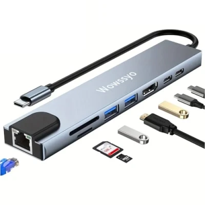Image of Wowssyo 8 in 1 USB C Ethernet Hub, Docking Station, Multiport HDMI 4K, PD 100W, 3.0, SD/TF, C, MacBook M1 Air Pro Adapter for iPad, Switch, Chromecast, Mobile Phone and More