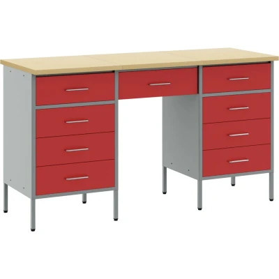 Image of vidaXL 3 Piece Work Cabinet and Table Set in Red Engineered Wood Steel
