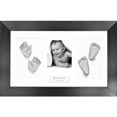 Image of BabyRice Large Baby Casting Kit (Great for Twins!), 14.5x8.5&quot; Brushed Pewter Frame, White Mount, Silver Metallic Paint