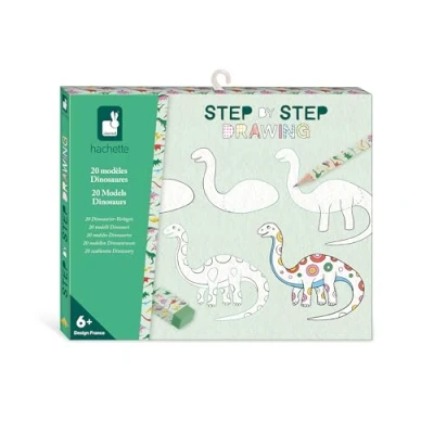Image of Janod Step by Drawing Learn to Draw 20 Dinos Models Children&#039;s Kit Learning and Concentrate from 6 Years J09154, White Black
