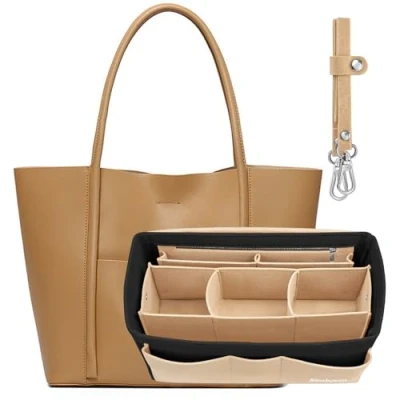 Image of SIMBOOM Bag Organiser Insert Handbag, Felt Organizer Purse in Handbag Liner Tote Pouch (Black and Beige, M)