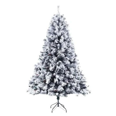 Image of EVRE Artificial Christmas Tree with Snow White Flocked, Pine Cones &amp; Berries 800 PVC Branch Tips, Easy Build Strong Metal Foldable Stand, Indoor Xmas Festive Home Decor 6Ft or 185CM