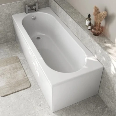 Image of Baystone 1700 x 700mm Single Ended Straight Bath White Gloss Soaking Bathttub, Acrylic Baths for Bathrooms, Curved, Adjustable Feet, No Panel