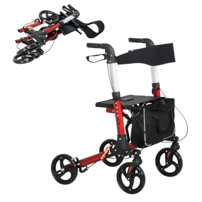 Image of HOMCOM Foldable Mobility Walker with Seat Lightweight Rollator Adjustable Height Storage Bag 4 Wheels Red