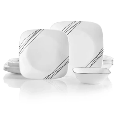 Image of Corelle 18 piece dinner Set, Simple Sketch, Black and White for 6, Chip Resistant Dinnerware, includes 26cm square plates, 17cm salad / side plates 530ml soup cereal bowls