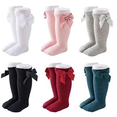 Image of FedMois 6 Pairs Baby Girls Knee High Long Socks with Bow Cotton Knitted Stocking, 3 5 Years