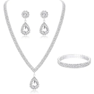 Image of TOEECY Bridal Wedding Jewellery Set for Women Rhinestone Crystal Necklace Bracelet and Teardrop Dangle Earrings Gifts Bridesmaid Costume Dress （Silver#1）