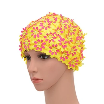 Image of Medifier Swim cap Floral Petal Retro Style Bathing Caps for Women Yellow