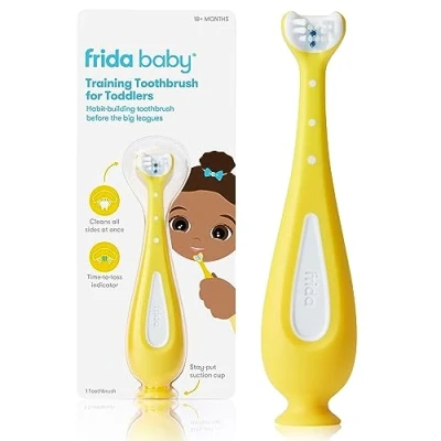 Image of Frida Baby Training Toothbrush Toddler for 18 24 Months, Easy Grip Handle, Triple Angle Bristles, Soft Stay Put Suction Cup