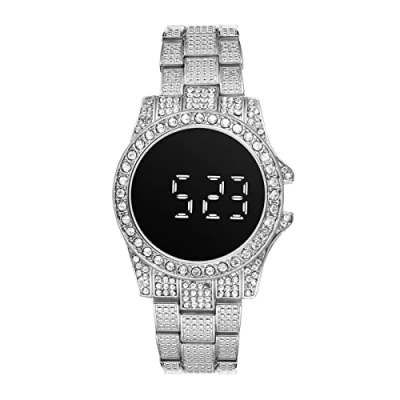 Image of JewelryWe Fully Jewelled Rhinestone Bling Watch for Men Women Touchscreen LED Display Dial Business Casual Dress Wristwatches