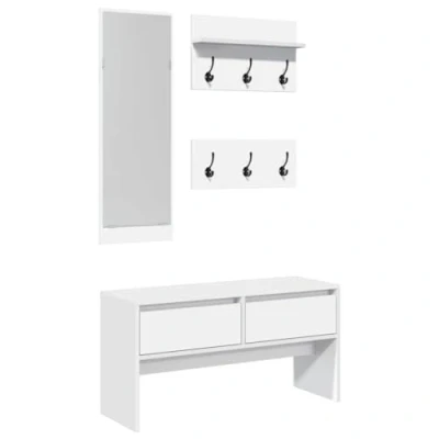 Image of vidaXL Hallway Furniture Set Shoe Bench, Mirror &amp; Coat Racks Engineered Wood Space Saving Design White