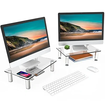 Image of FITUEYES Dual Monitor Stand Glass Height Adjustable PC Laptop Computer Screen Riser, Desk Organzier, 2 Pack 38.5x24x7.5cm
