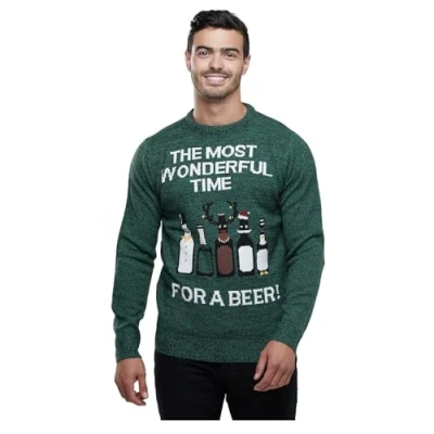 Image of Seasons Greetings Mens Christmas Novelty Jumper Most Wonderful Time for A Beer Xmas Sweater Top (S) Green