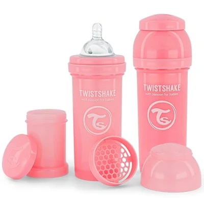 Image of Twistshake Anti Colic Baby Bottle with Milk Powder Container and Mixer 260ml 2 Pack Medium Flow Silicone Breast Like Nipple BPA Free Suitable for 2+ Babies Pink