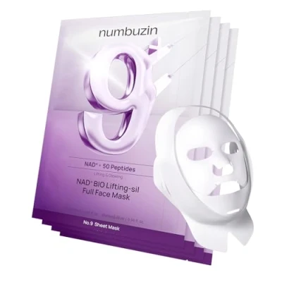 Image of numbuzin No.9 Sheet Mask NAD+ BIO Full Face Improves Jawline, Jowls, Wrinkles, Neck Lines Peptides, NAD+, Collagen Skin Firmness 4 Sheets + Band
