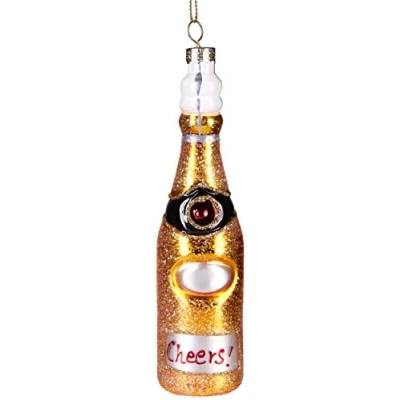 Image of BRUBAKER Cheers! Champagne Bottle Gold Handpainted Glass Christmas Bauble Mouth Blown Tree Decoration Figures Funny Pendant Ball 6 inches (15 cm)