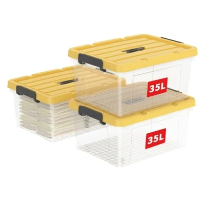 Image of Cetomo 35L*3 Storage Boxes, Carry Plastic Box with Lids, Organizing Container Handle and Latching Buckles, Stackable, Nestable, Tote Bin for Home Office Clothes, 35L 3Pack, Clear &amp; Yellow