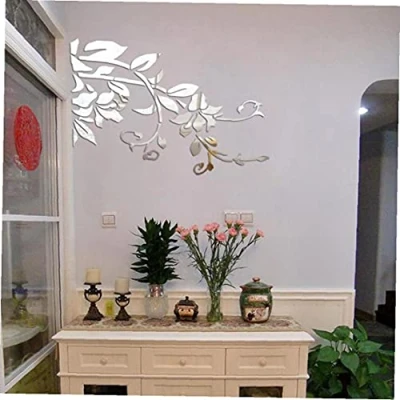 Image of Acrylic Wall Stickers Flower Vine Mirror Decal Self Adhesive Art for Living Room Bedroom Decor