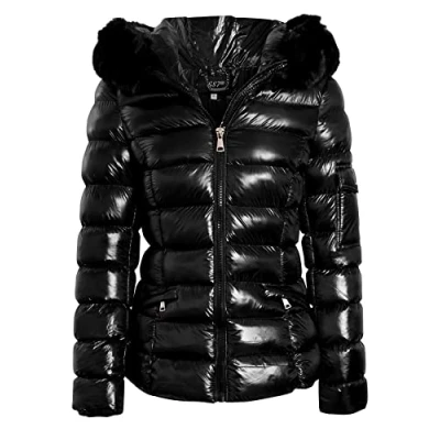 Image of SS7 Womens Shiny Faux Fur Puffer Coat Black