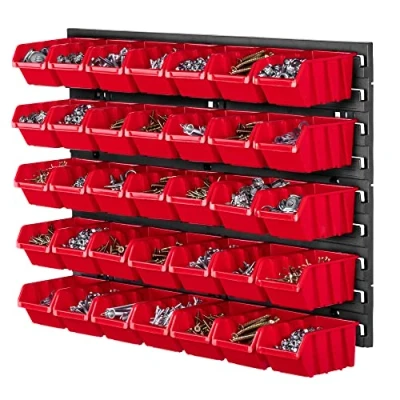 Image of KADAX Workshop Shelf, 58 x 39 cm Tool Wall Shelf Made of Robust Plastic, UV Resistant Storage System, Expandable Plates, for Garage (Red, 35 Pieces), (K7699)