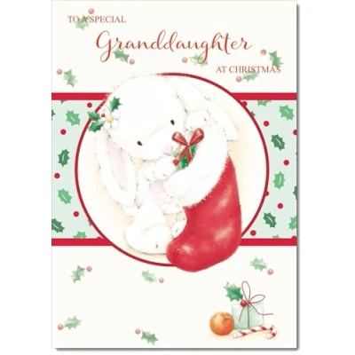Image of doodlecards Granddaughter Christmas Card Cute Rabbit with Stocking Medium Size for Plain Envelope