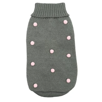 Image of Record Candy Shop Dog Jumper, Back Length 45 cm. Solid Color Turtleneck Sweater with Velvety Pompoms. Leash Hole and Machine Washable Grey, L