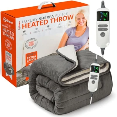 Image of Wärmer Electric Heated Throw Blanket Extra Large 130cm x 180cm Digital Controller 9 Hour Timer, Heat Settings, Auto Shutoff, Machine Washable Grey