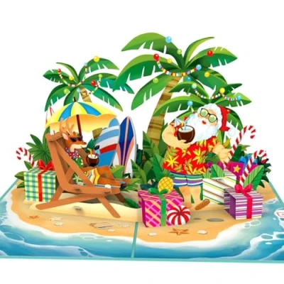Image of papercrush® 3D Pop Up Christmas Card Santa on the Beach Funny for Men (Boyfriend, Dad, Uncle, Son), Teens and Kids (Boy &amp; Girl), Humorous Holiday Voucher Vacation, Cash Gift
