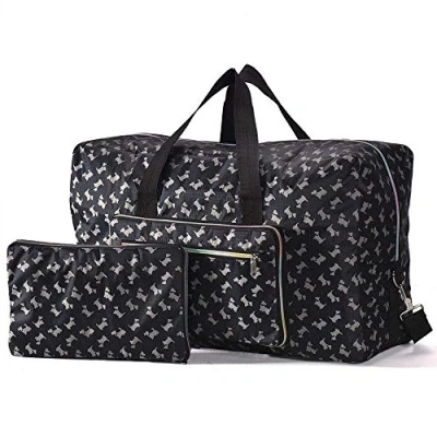 Image of Arxus Large Foldable Duffel Tote Carry on Weekend Overnight Travel Bag Over Luggage with Shoulder Strap (Black Dog)