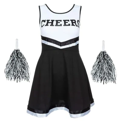 Image of Girls Cheerleader Fancy Dress Costume Party Halloween Cheers Outfit with Pom Poms (Black, 7 9 years)